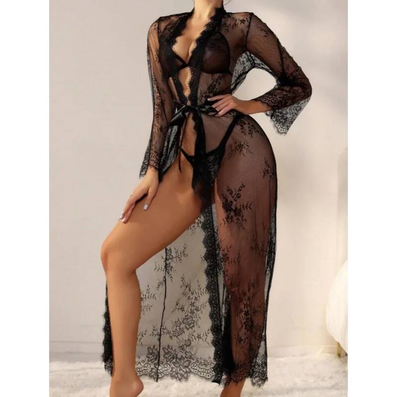 Black Lace Sheer Long Robe For - Kimono Sheer Floral 리뷰 및 가격
