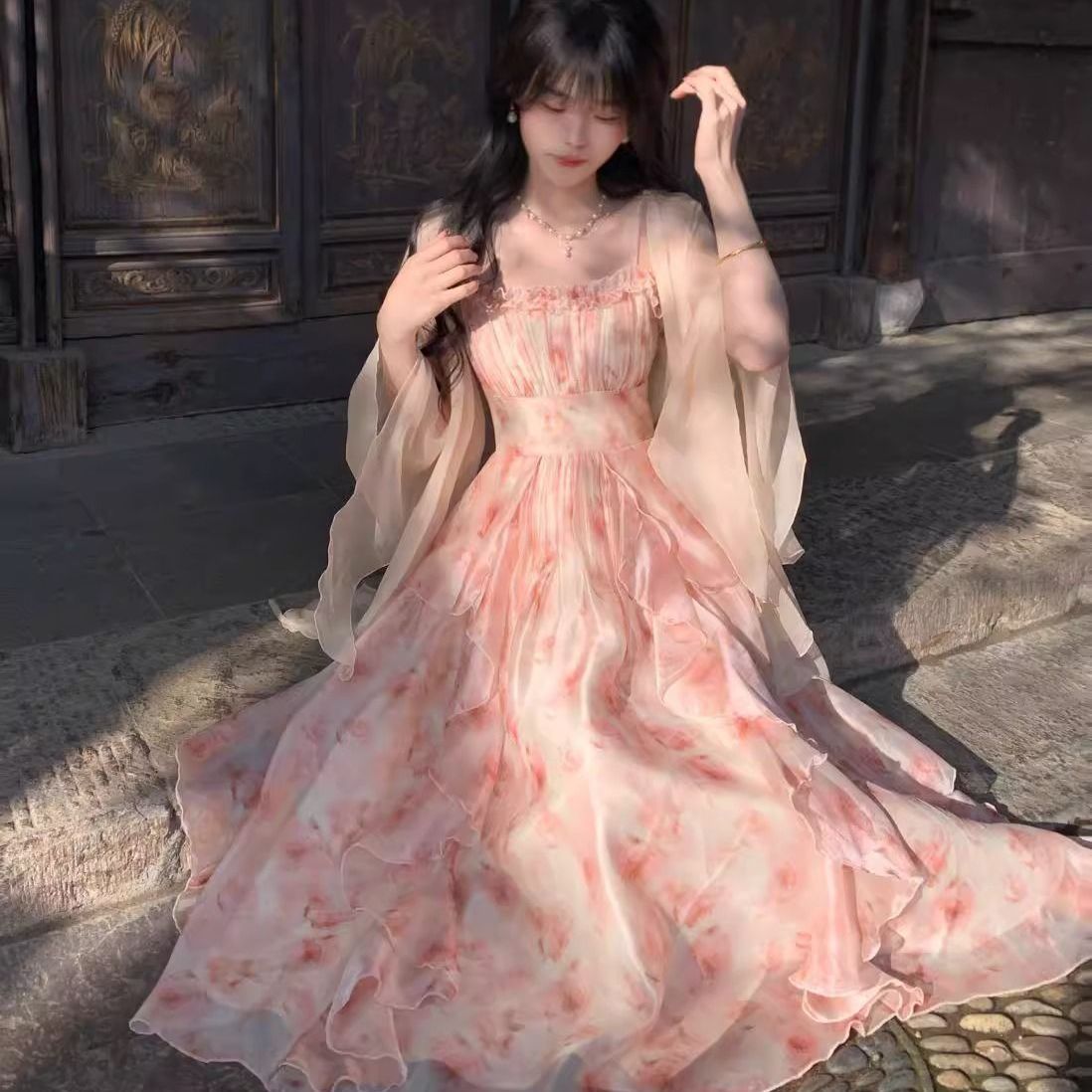 Women Watercolor Peach Floral  - Kimono Sheer Floral 리뷰 및 가격