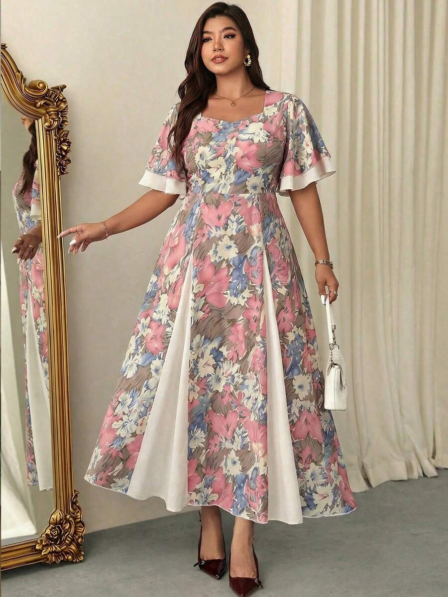 Plus Size Floral Print Square  - Midi Skirt Floral 리뷰 및 가격