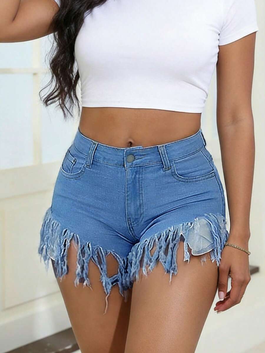 Distressed Frayed Hem Denim Sh - Shorts Denim Frayed 리뷰 및 가격